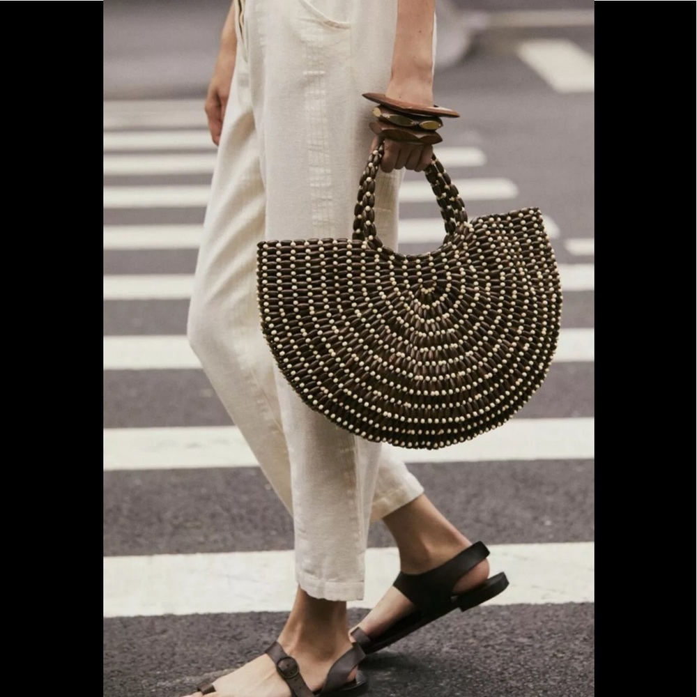 Free People Ibiza Wooden Beads Half Moon Handbag Brown Vacation Vacay